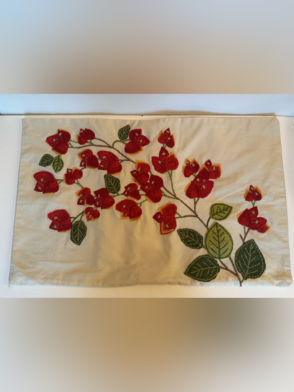 Pottery Barn Floral Foliage Embroidered Lumbar Pillow Cover off-White, Red Green